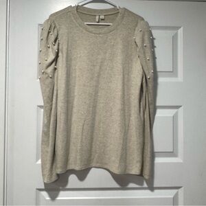 Tan Sweater with Puff Sleeves and Pearl Details